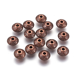 Red Copper Tibetan Style Alloy Spacer Beads, Lead Free & Cadmium Free, Rondelle with Flower, Red Copper, 9x9x6mm, Hole: 1.5mm