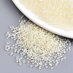 Beige 12/0 perlas de cristal de la semilla, colores dentro transparentes, agujero redondo, rondo, crema, 12/0, 2~2.5x1.5~2 mm, agujero: 0.8 mm, sobre 30000 unidades / bolsa