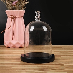 Black Bear Shaped Top Clear Glass Dome Cover, Decorative Display Case, Cloche Bell Jar Terrarium with Wood Base, Black, 90x150mm