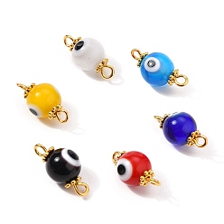 Red Golden Plated Handmade Lampwork link Connectors, with Alloy Spacer Beads and Iron Eye Pin, Round with Evil Eye, Red, 16x8mm, Hole: 1.8mm
