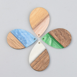 Mixed Color Opaque Resin & Walnut Wood Pendants, Teardrop, Mixed Color, 35.5x24.5x3mm, Hole: 2mm