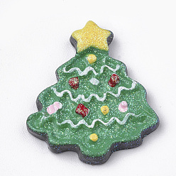 Green Opaque Resin Cabochons, with Glitter Powders, Christmas Trees, Green, 24.5x21x3mm