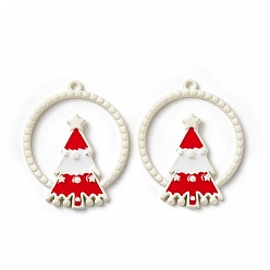 White Christmas Theme Spray Painted Alloy Enamel Pendants, Ring with Christmas Tree, White, 28x22.5x2.5mm, Hole: 1.2mm