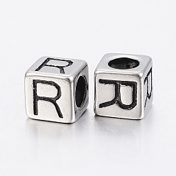 Antique Silver 304 Stainless Steel Large Hole Letter European Beads, Cube with Letter.R, Antique Silver, 8x8x8mm, Hole: 5mm