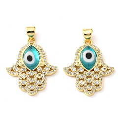 Turquoise Brass Cubic Zirconia Pendants, with Lampwork, Real 18K Gold Plated, Hamsa Charm, Turquoise, 24x20.5x4mm, Hole: 5x3.5mm