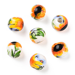 White Handmade Porcelain Beads, Round with Sunflower Pattern, White, 6mm, Hole: 1.6mm