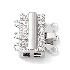 Real Platinum Plated Brass Micro Pave Clear Cubic Zirconia Box Clasps, 3-Strand, 6-Hole, Rectangle, Real Platinum Plated, 12x13x5mm, Hole: 1mm and 2x2mm