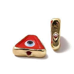 Rouge Laiton perles d'émail, plaqué longue durée, réel 18 k plaqué or, triangle avec motif mauvais œil, rouge, 10~11.5x13~13.5x4~5mm, Trou: 1.6~1.8mm