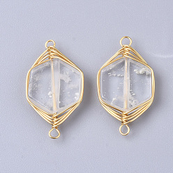 Quartz Crystal Natural Quartz Crystal Links Connectors, Rock Crystal, Wire Wrapped Links, with Golden Tone Brass Wires, Hexagon, 23x12x4mm, Hole: 1.5mm