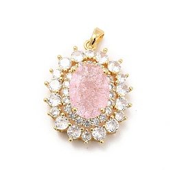 Real 18K Gold Plated Brass Micro Pave Clear Cubic Zirconia Pendants, with Pink Glass,  Oval Charm, Real 18K Gold Plated, 38x23x8mm, Hole: 4.5x2.5mm