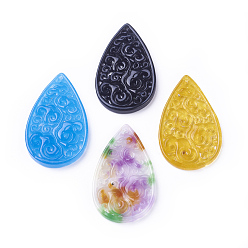 Mixed Color Carved Natural White Jade Pendants, Dyed, Teardrop, Mixed Color, 39.5~40x24~25x2.5~3.5mm, Hole: 1.2mm