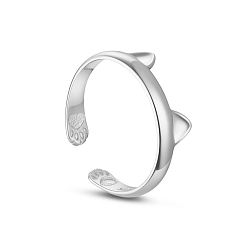 Platinum TINYSAND Cute and Delicate Cat Ears Rhodium Plated 925 Sterling Silver Cuff Rings, Open Rings, Platinum, 17.2x6.13mm