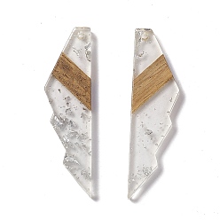 Clair Grands pendentifs en résine transparente et bois de noyer, breloques de forme dentelée avec feuille d'argent, clair, 53x14x3mm, Trou: 2mm