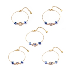 Mixed Patterns Crystal Rhinestone & Resin Evil Eye Link Slider Bracelet, Gold Plated Brass Jewelry for Women, Blue, Mixed Patterns, 7-1/8~7-1/4 inch(18~18.5cm)