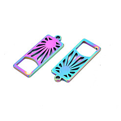 Rainbow Color Ion Plating(IP) 201 Stainless Steel Pendants, Rectangle with Sun, Rainbow Color, 27.5x10.5x1.5mm, Hole: 1.8mm