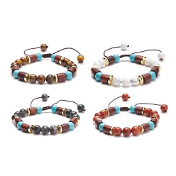 Mixed Stone Natural Gemstone & Synthetic Turquoise & Wood Braided Bead Bracelet, Gemstone Jewelry for Women, Inner Diameter: 2~3-1/4 inch(5.2~8.25cm)