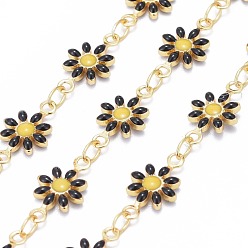 Black Handmade Brass Enamel Link Chains, with Spool, Soldered, Long-Lasting Plated, Golden, Daisy, Black, 12.5x7.5x2mm, about 32.8 Feet(10m)/roll