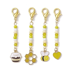 Oro 4 piezas 4 estilos decoraciones colgantes de esmalte de aleación, con perlas de cristal de la semilla, abeja/panal/tarro de miel, dorado, 63~70 mm, 1 pc / estilo