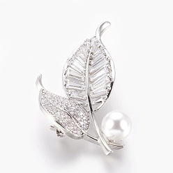 Platinum Brass Cubic Zirconia Brooches, with Acrylic Pearl, Leaf, Platinum, 51x26.5mm