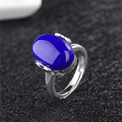 Lapis Lazuli Oval Natural Lapis Lazuli Adjustable Ring, Platinum Brass Jewelry for Women, Inner Diameter: 16mm