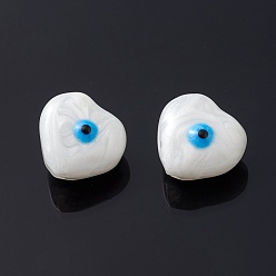 Blanco Perlas de vidrio, con esmalte, corazón con patrón de mal de ojo, blanco, 10.5x11x7 mm, agujero: 1 mm