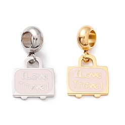 Golden & Stainless Steel Color 304 Stainless Steel European Dangle Charms, Large Hole Pendants, with Enamel, Bag & Word I Love Travel, Golden & Stainless Steel Color, 22mm, Hole: 4.5mm