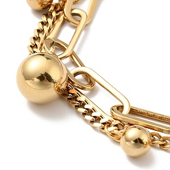 Golden Round Ball Charm Multi-strand Bracelet, Vacuum Plating 304 Stainless Steel Double Layered Chains Bracelet for Women, Golden, 7-1/2 inch(19cm)