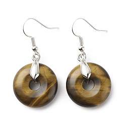 Tiger Eye Natural Tiger Eye Donut Dangle Earrings, Platinum Plated Brass Jewelry for Women, Cadmium Free & Lead Free, 41mm, Pin: 0.6mm