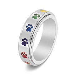 Stainless Steel Color Rainbow Color Pride Flag Enamel Dog Paw Print Rotating Ring, Stainless Steel Fidge Spinner Ring for Stress Anxiety Relief, Stainless Steel Color, US Size 7(17.3mm)