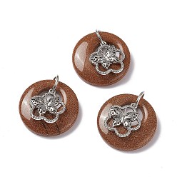 Goldstone Synthetic Goldstone Pendants, Flat Round Charms, with Platinum Tone Brass Flower with Butterfly Findings, Cadmium Free & Nickel Free & Lead Free, 30~35x28~32x10~10.5mm, Hole: 2mm