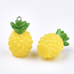 Yellow Resin Pendants, with Platinum Tone Iron Findings, Imitation Food, Pineapple, Yellow, 32~33x19~20x18~19mm, Hole: 2mm
