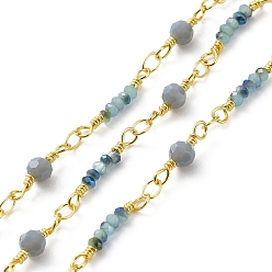 Bleu Acier Chaînes de perles de rondelle de verre, avec de véritables chaînes en laiton plaqué or 18 k, soudé, avec bobine, bleu acier, 12.5x2.5mm, 13.5x4mm, environ 32.81 pieds (10 m)/rouleau