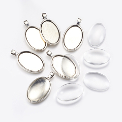 Antique Silver DIY Pendant Making, with Tibetan Style Alloy Pendant Cabochon Settings and Clear Glass Cabochons, Oval, Antique Silver, Pendant: 41.5x23x3mm, Hole: 3.5x6mm, Cabochon: 19.5x30x5mm, 2pcs/set