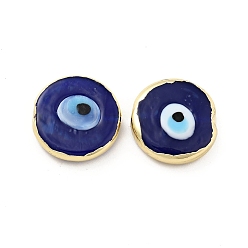 Bleu Marine Placage en rack perles au chalumeau faites à la main mauvais œil, avec les accessoires en laiton, plaqué longue durée, plat rond, bleu marine, 17.5~18x4.5~5mm, Trou: 1~1.2mm