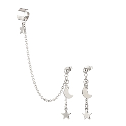 Stainless Steel Color Moon and Star Alloy Asymmetrical Earrings, 304 Stainless Steel Stud Earrings with Dangle Chain Ear Cuff Crawler Climber for Women, Stainless Steel Color, 39~109mm, Pin: 0.2mm, 2Pcs/set