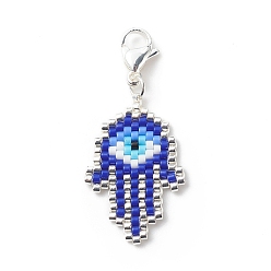 Dark Blue Braided Japanese Seed Beaded Pendant Decoration, Lobster Clasps Charms, Clip-on Charms, for Keychain, Purse, Backpack Ornament, Hamsa Hand/Hand of Miriam with Evil Eye, Dark Blue, 4cm