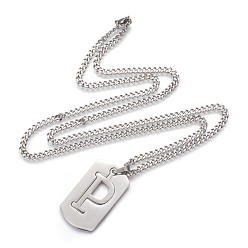 Letter P 304 Stainless Steel Split Initial Pendant Necklaces, with Lobster Claw Clasps and Curb Chains, Rectangle with Letter, Letter.P, 27.55 inch(70cm), Pendant: 41x23x2mm