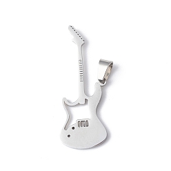 Musical Instruments 304 Stainless Steel Pendants, Stainless Steel Color, Guitar, Musical Instruments Pattern, 33.5x12x1mm, Hole: 5.5x3mmmm