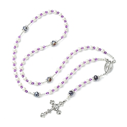 Purple Glass Pearl Rosary Bead Necklace, Alloy Cross & Virgin Mary Pendant Necklace, Purple, 24.41 inch(62cm)