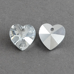 Claro Colgantes de cristal de corazón galvanizado, chapado en plata de fondo, facetados, Claro, 14x14x8 mm, agujero: 1.5 mm