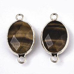 Tiger Eye Natural Tiger Eye Links Connectors, with Light Gold Tone Brass Findings, Oval, Faceted, 27.5x14.5x6mm, Hole: 2mm