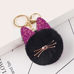 Black Faux Fur Cat Pendant Keychain, Cute Glitter Kitten Golden Tone Alloy Key Ring Ornament, Black, 15x8cm