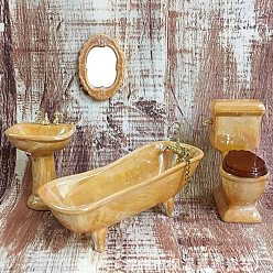 Blé Ensemble de miroir de baignoire de lavabo de toilette de salle de bains en porcelaine mini, miniature paysage salle de bain modèle maison de poupée accessoires décorations, blé, 42~52x118x62~88mm, 4 pièces / kit