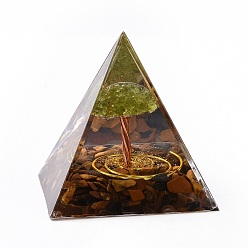 Золотистый Смола оргонитовая пирамида украшения для дома, С природными драгоценными камнями, золотые, 50x50x50 мм