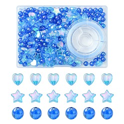 Bleu Ciel Foncé Kit de fabrication de bracelets de bricolage, y compris coeur, étoile et perles acryliques rondes, fil élastique, bleu profond du ciel, 200 pcs / boîte