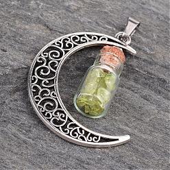 Peridot Column Glass Bottle with Peridot inside Pendants, with Moon Alloy Finding and 304 Stainless Steel Findings, 41x29x10mm, Hole: 7x4mm