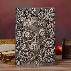 Antique Silver 3D Embossed PU Leather Notebook, A5 Halloween Skull Pattern Journal, for School Office Supplies, Antique Silver, 215x145mm