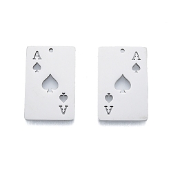 Stainless Steel Color 201 Stainless Steel Pendant,  Playing Cards Charms, Ace of Spades, Stainless Steel Color, 28x18x1.5mm, Hole: 1.5mm
