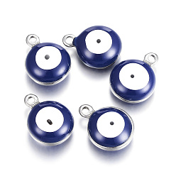 Marine Blue 304 Stainless Steel Enamel Charms, Flat Round with Evil Eye, Stainless Steel Color, Marine Blue, 13x10x6mm, Hole: 1.5mm