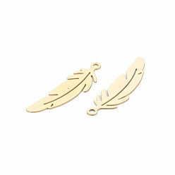 Real 18K Gold Plated Rack Plating 201 Stainless Steel Pendants, Etched Metal Embellishments, Nickel Free, Feather, Real 18K Gold Plated, 22.5x6x0.4mm, Hole: 1.2mm